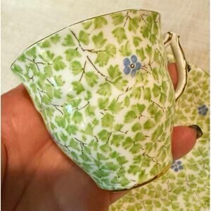 Sampson Smith Old Royal Bone China Cup & Saucer, 1950s • Green & Blue, Gold Trim